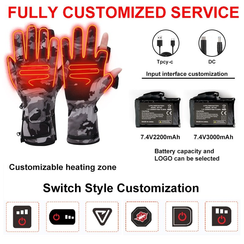 Product image emphasizing the “Custom Manufacturer” capability for producing specialized fingerless heated gloves for hunting and tactical markets.