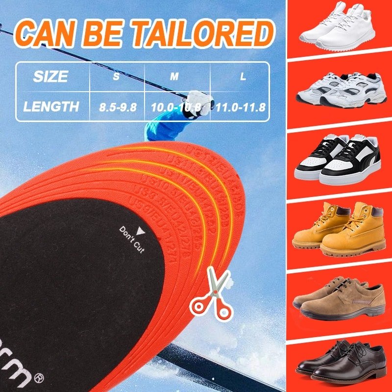 Size chart for customizable Dr.Warm heated insoles showing length measurements for sizes S (8.5-9.8in), M (10.0-10.8in), L (11.0-11.8in), and XL.