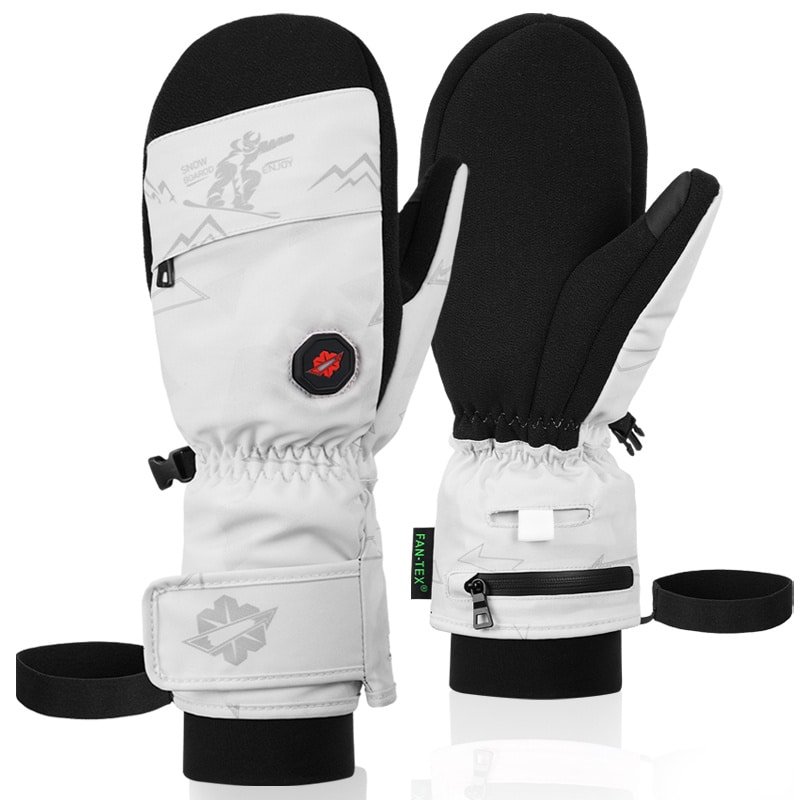 A clear call-to-action image prompting viewers to click for detailed specs, customization options, and MOQ (500) information on Dr.Warm heated ski gloves.
