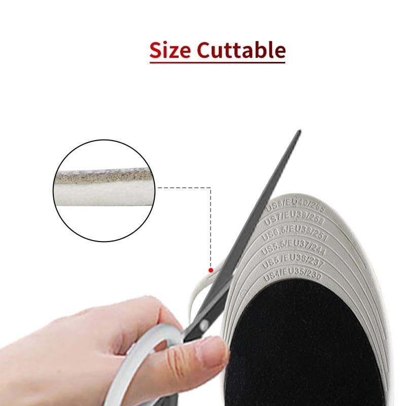 Diagram showing that Dr.Warm heated insoles are size customizable and can be cut to fit, with a scale indicating approximate lengths for US/EU shoe sizes (e.g., 40/2.6, 33/3.8).