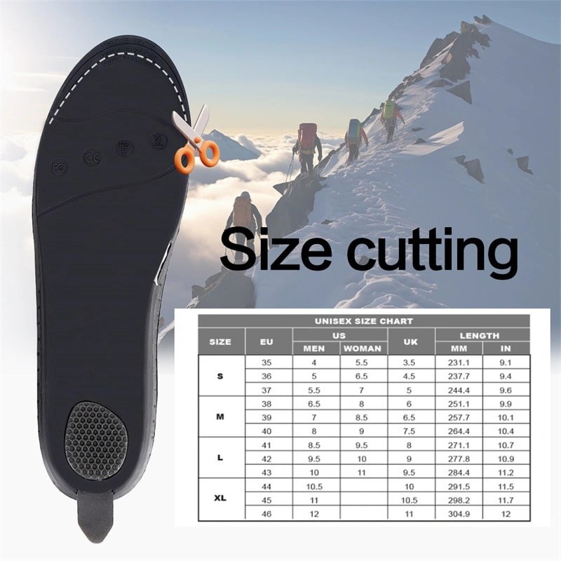 Illustration showing how to custom trim (size cutting) the rechargeable heated shoe inserts for a perfect fit in any boot.