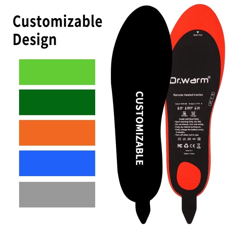 Close-up showcasing the customizable design options for Dr.Warm heated insoles, highlighting flexible heating module placement.