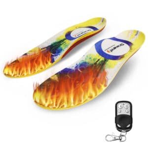 Dr. Warm R4 heated insoles with handheld remote control on a white background.