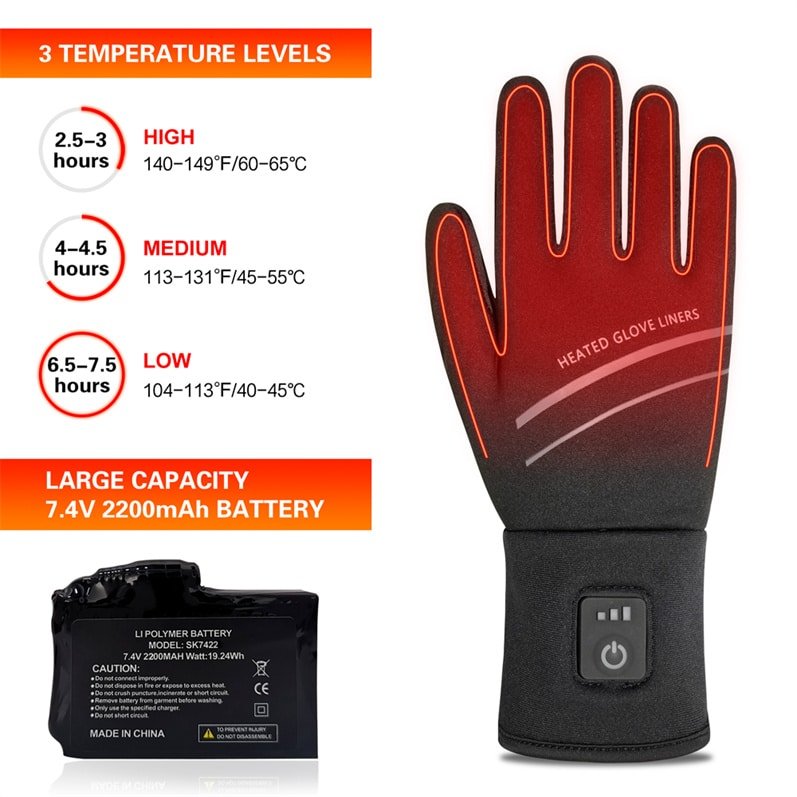 Performance chart for Dr.Warm heated glove liners detailing three heat levels (High: 60-65°C, Medium: 45-55°C, Low: 40-45°C) with runtimes and specifications for the 7.4V 2200mAh Li-ion battery.