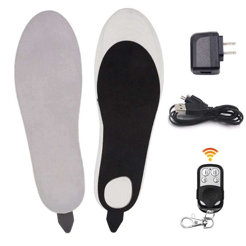 Technical specifications for the Dr.Warm R6 heated insole: 3.7V 2200mAh battery, EVA bottom with cotton top, sizes S-XL, heating forefoot & entire insole, and multiple safety certificates.