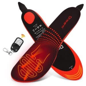 Detailed specifications of Dr.Warm wireless rechargeable heated insoles showing upgraded 3200mAh battery, remote control, heating areas (forefoot & full insole), and safety certificates (CE, RoHS, FCC).