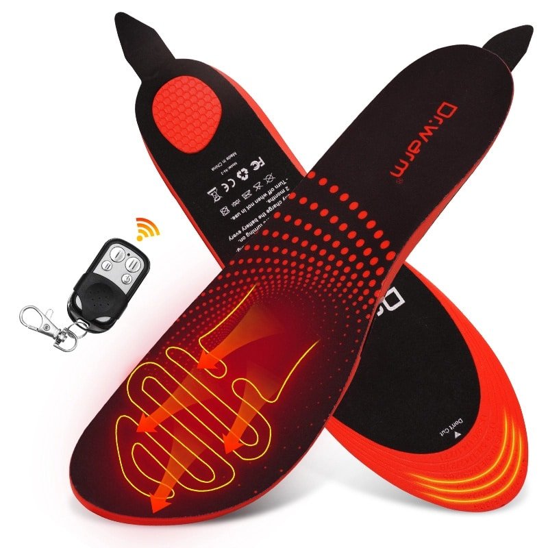 Detailed specifications of Dr.Warm wireless rechargeable heated insoles showing upgraded 3200mAh battery, remote control, heating areas (forefoot & full insole), and safety certificates (CE, RoHS, FCC).