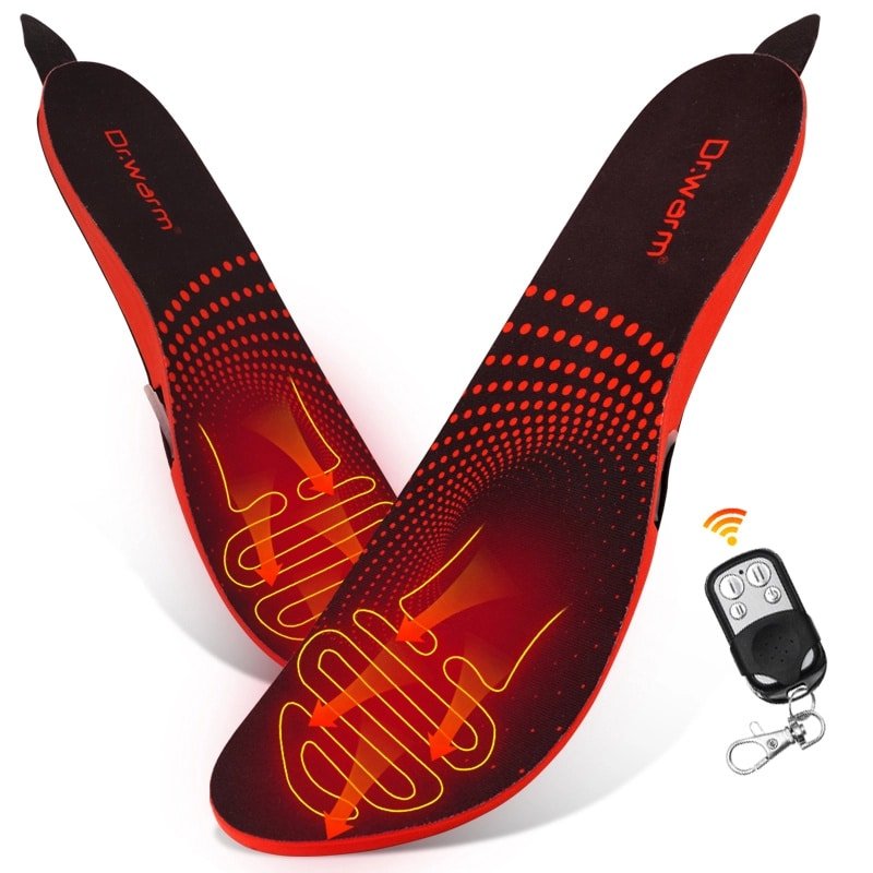 Dr.Warm heated shoe insoles with remote control being used in winter boots during activities like skiing and hiking, showcasing wireless convenience and targeted warmth.