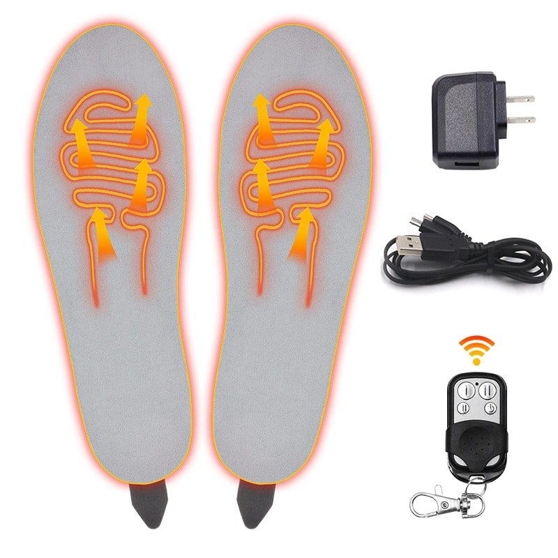 Dr.Warm sport heated insoles for men and women, featuring PU orthotic arch support and a rechargeable battery, shown inside a running shoe