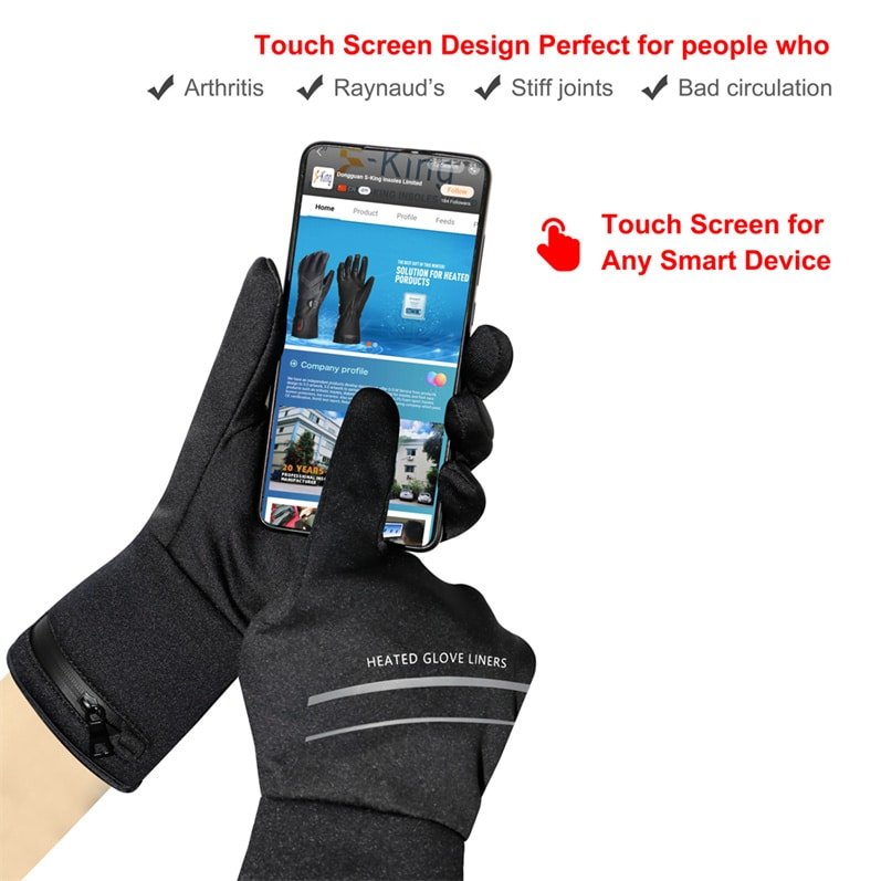 Infographic explaining that Dr.Warm heated glove liners with touch screen design are ideal for users with arthritis, Raynaud's disease, stiff joints, or poor blood circulation.