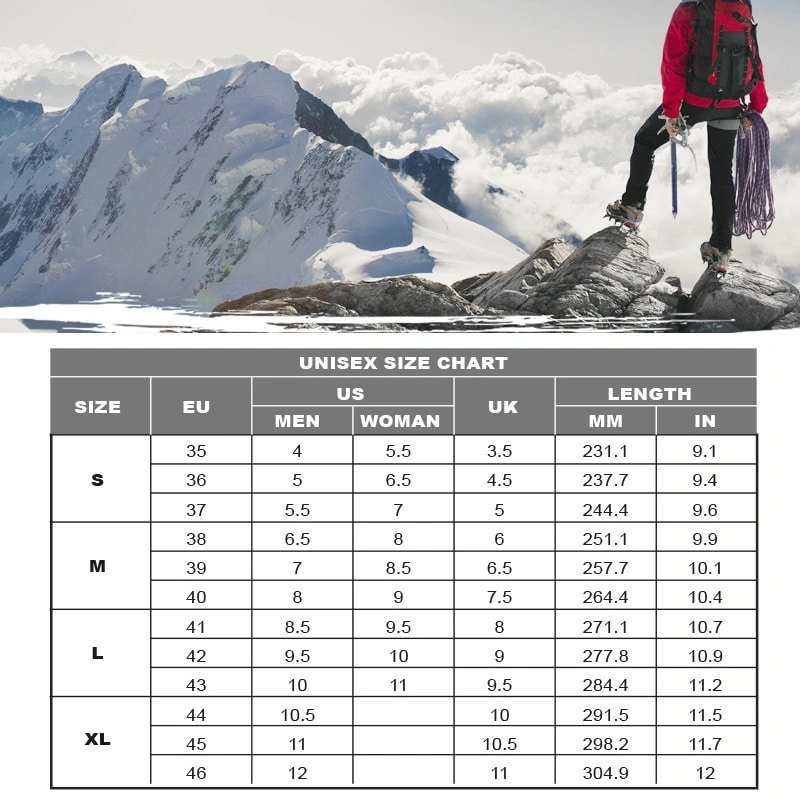 Detailed unisex size conversion chart for Dr.warm heated insoles, showing S, M, L, XL sizes with corresponding EU, US, UK sizes and foot length in mm/inches.
