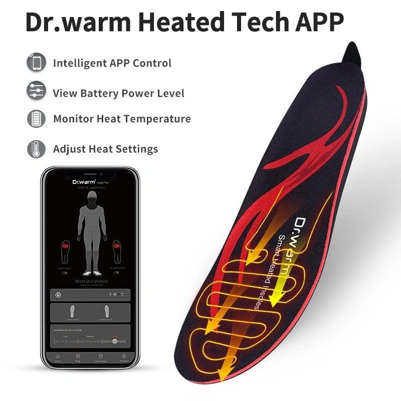 Smartphone screen showing Dr.warm Heated Tech APP with controls for battery level, temperature monitoring, and heat adjustment.