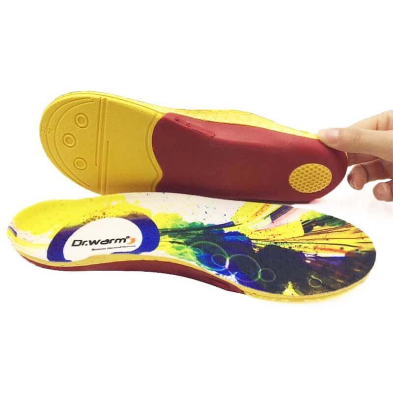 Close-up of the handheld remote control for Dr. Warm heated insoles, showing buttons for heat settings.