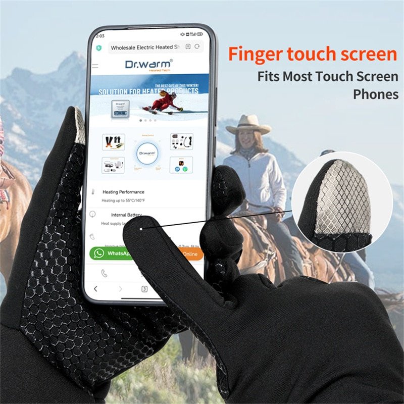 Detail shot focusing on the glove’s ergonomic fit, reinforced grip areas for holding reins, and the discreet integration of the heating system.