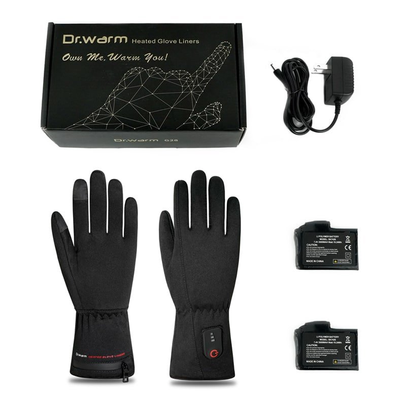 Dr.Warm heated gloves, also known as ‘Gants Chauffants‘ in French, displayed as a premium option for winter sports and motorcycle use.