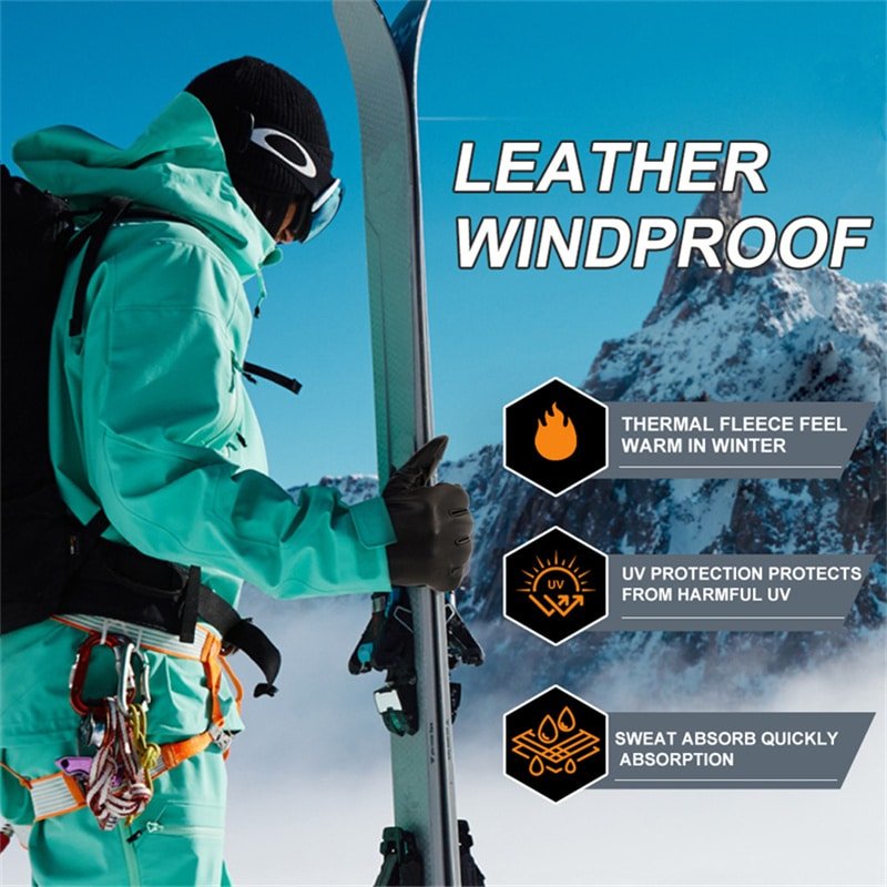 Close-up of the premium genuine leather used in Dr.Warm heated gloves, shown on a cyclist’s hands gripping handlebars.