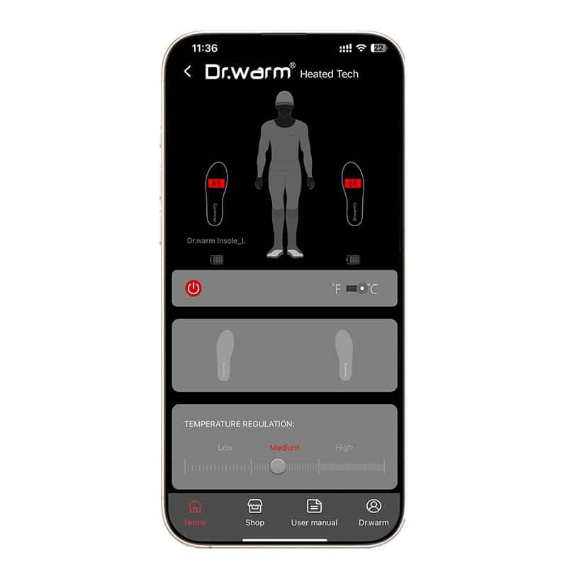 mobile app interface for heated gloves heated insoles bluetooth temperature control smart heating system OEM heated apparel app control screen