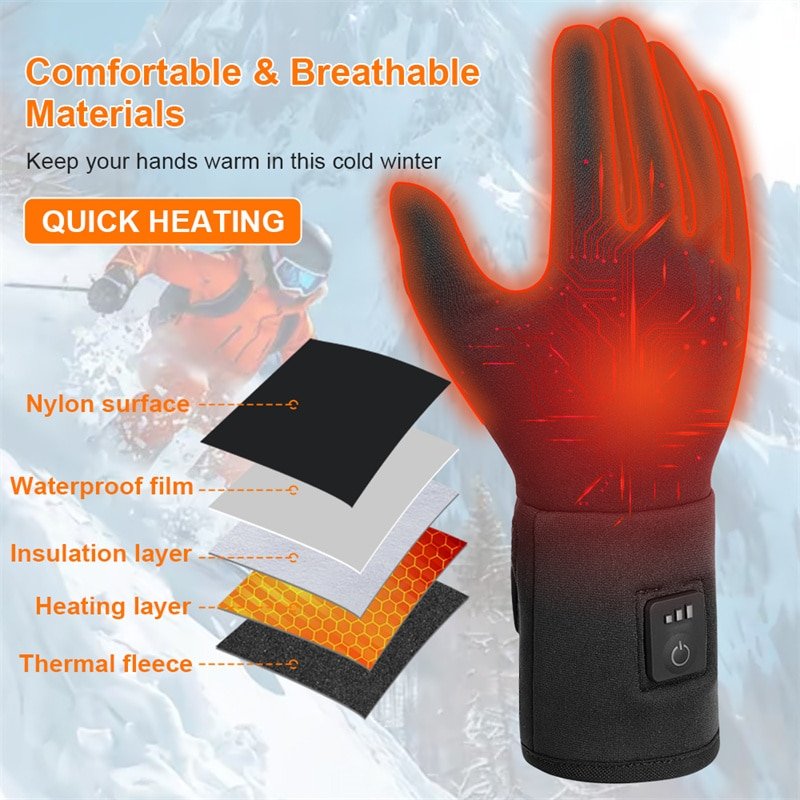 heated gloves layer structure nylon waterproof insulation heating layer thermal fleece quick heating winter heated gloves rechargeable battery gloves