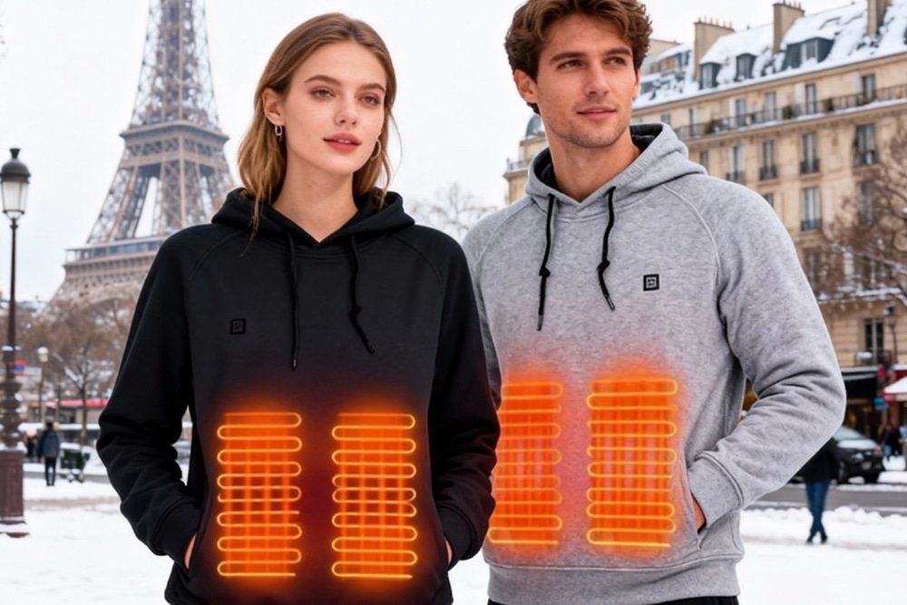 Man and woman wearing heated hoodies with multi-zone front heating panels in a snowy city near the Eiffel Tower