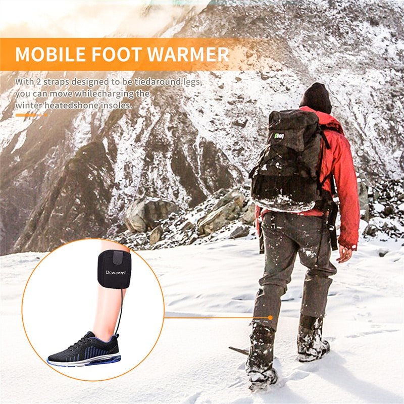 Both a man and a woman wearing boots equipped with Dr.warm rechargeable heated insoles in a winter setting.