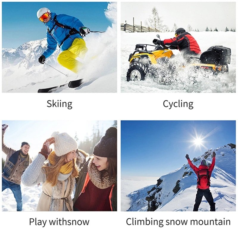 Montage of people engaged in winter activities like skiing, cycling, playing in snow, and climbing snow-capped mountains while wearing Dr.Warm heated insoles in their boots.