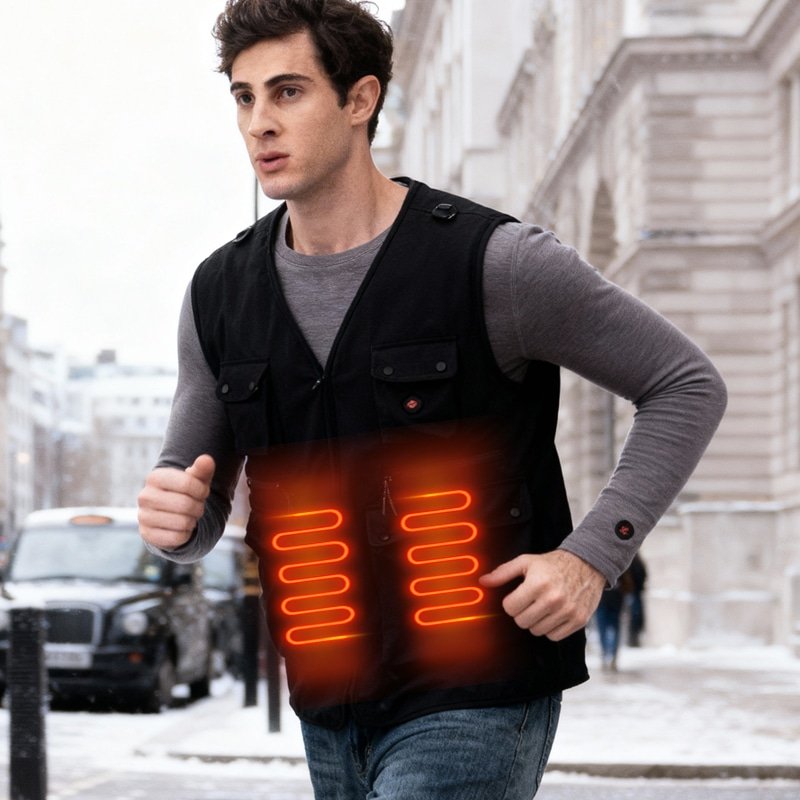Man running in winter while wearing a heated jacket vest with visible heating elements