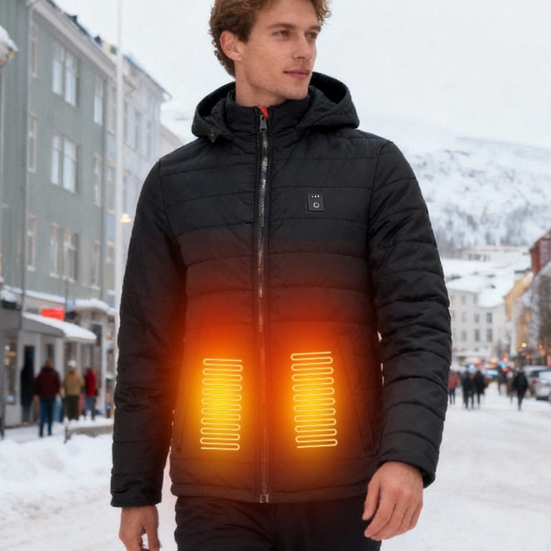 Man walking in the snow wearing a black hooded heated jacket with dual front heating elements.