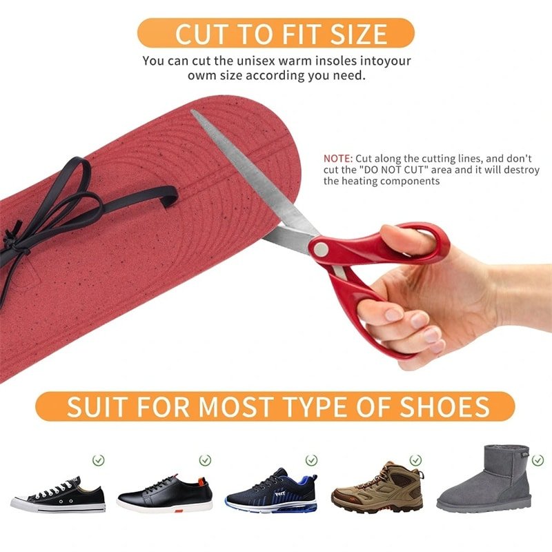 Step-by-step visual guide showing how to insert the rechargeable heated insoles into boots for use as foot warmers.
