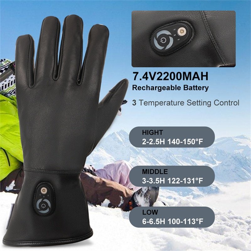 A composite image detailing all key features of the gloves: the magnetic charging port, the three-level control buttons, and the genuine leather material.