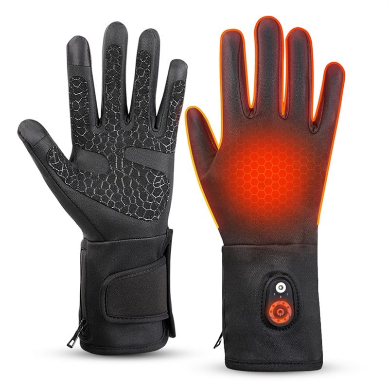 Sleek, leather Dr.Warm G44-2 heated gloves shown in a ski resort setting, combining style with functional electric warmth.