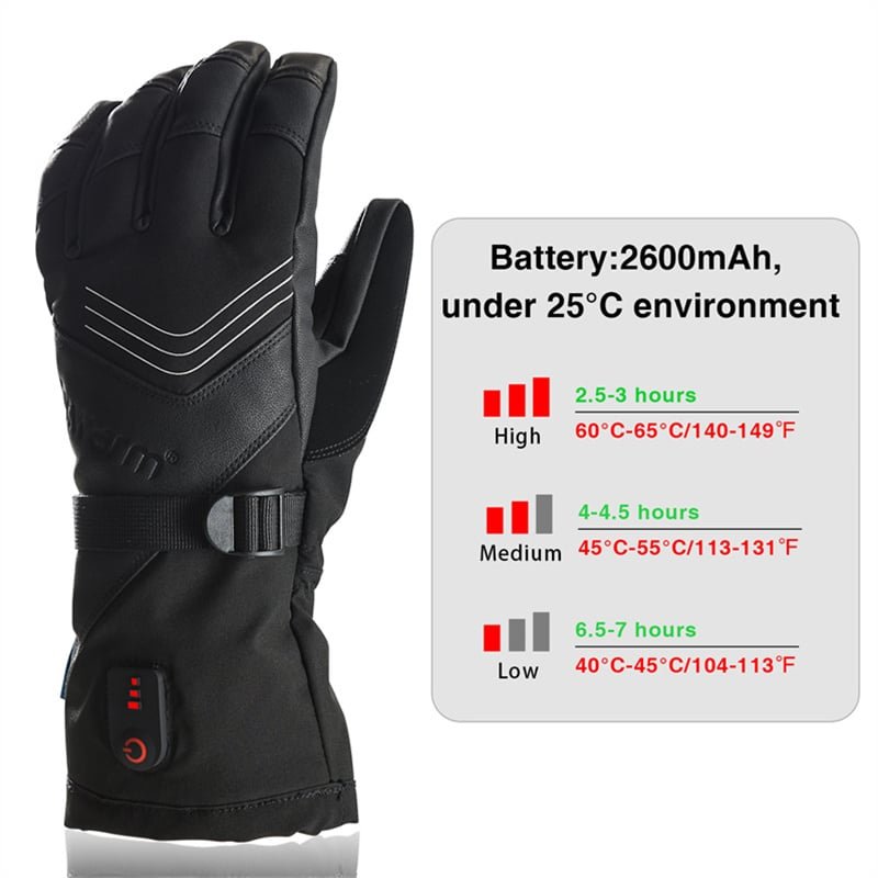 Dr.Warm heated gloves highlighting the high-capacity 7.4V 2600mAh rechargeable battery pack, emphasizing long battery life for all-day outdoor activities.
