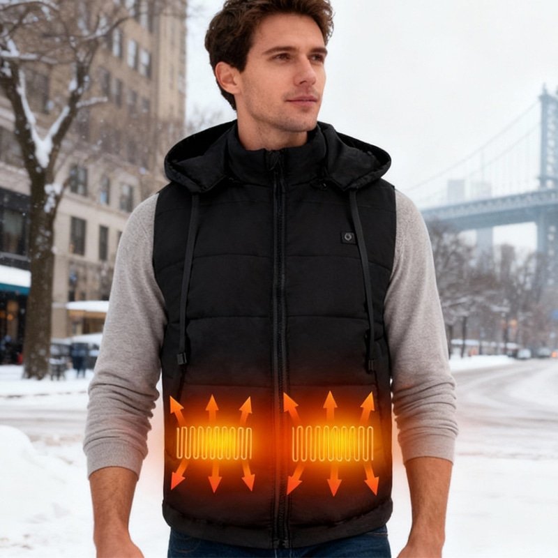 Man wearing a beige quilted heated vest with dual front heating panels glowing in winter street background.