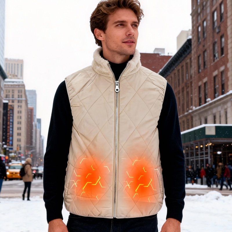 Man wearing a white electric heated vest with dual front heating zones for winter outdoor use