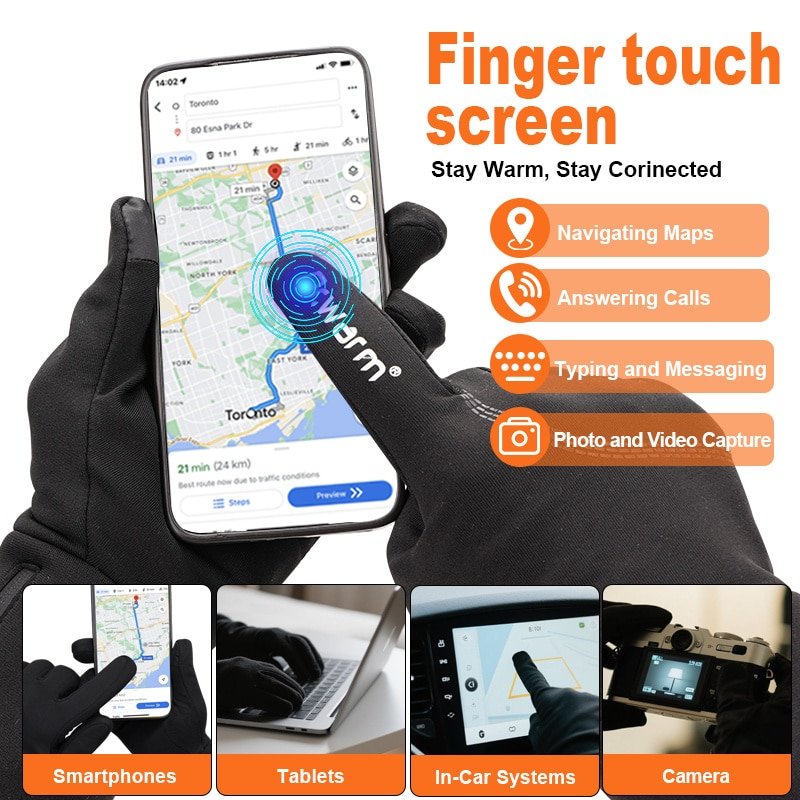 Someone using a smartphone with the touchscreen-compatible fingertips of the gloves, while the secure cuff design keeps snow and wind out.