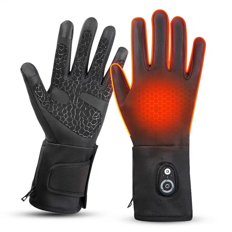 A motorcyclist wearing Dr.Warm G44-2 heated gloves, highlighting the leather construction, waterproof seals, and grip on the handlebars.