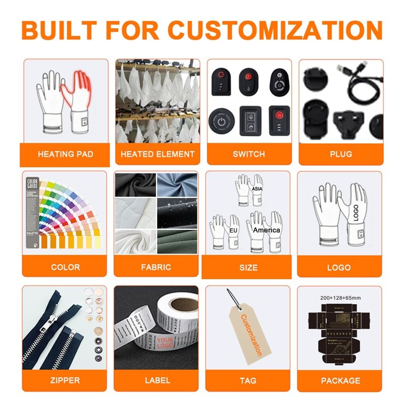 heated gloves OEM customization options heating pad heated element switch plug fabric color size logo zipper label packaging custom heated apparel