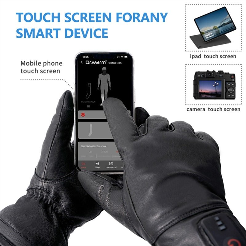 A flagship, professional product photograph of the Dr.Warm G45 heated gloves, highlighting the leather quality, stitching, integrated controls, and sleek design.