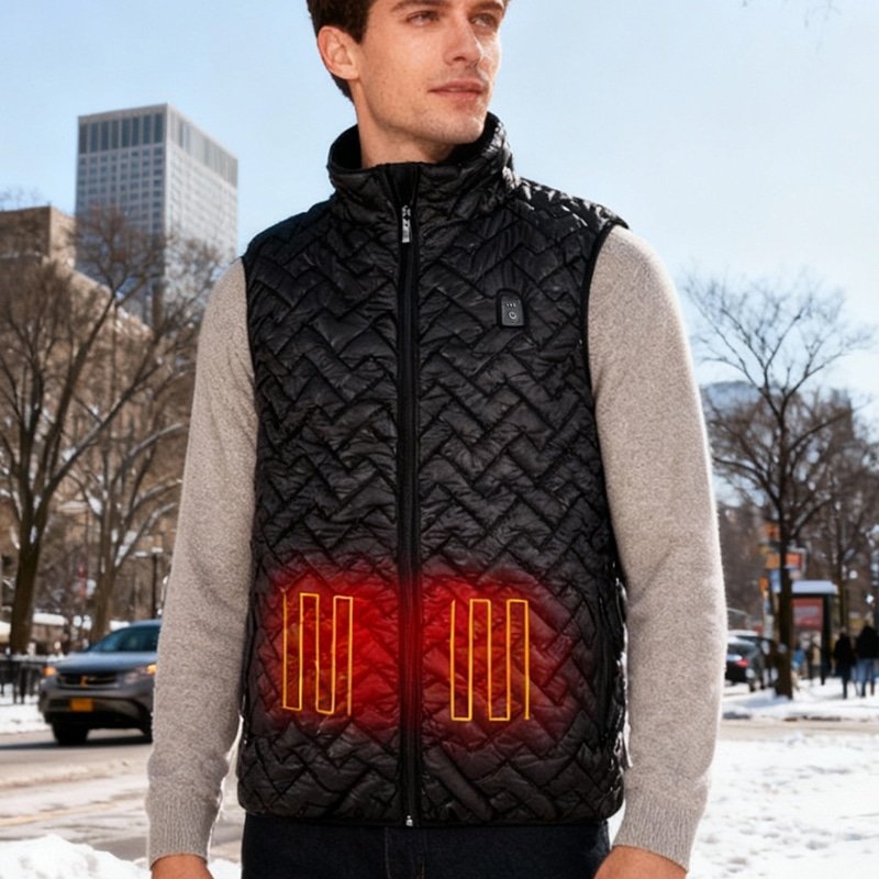 Man wearing a black puffer heated vest with two bright heating panels glowing during winter outdoor activity.
