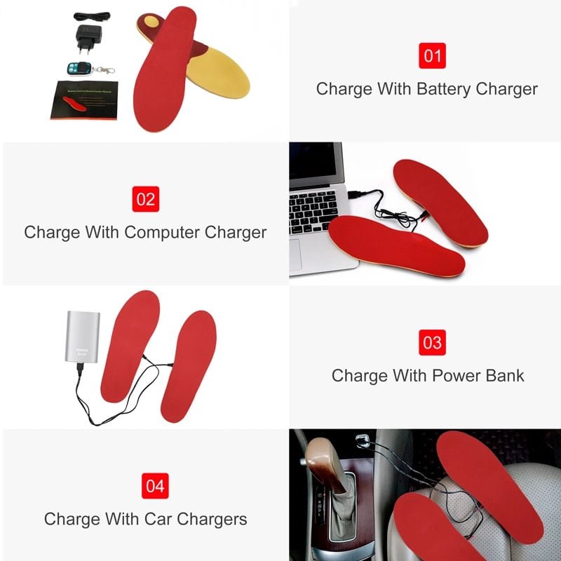 The rechargeable battery pack of the Dr.Warm R4 manual heated insoles being charged via a USB port.