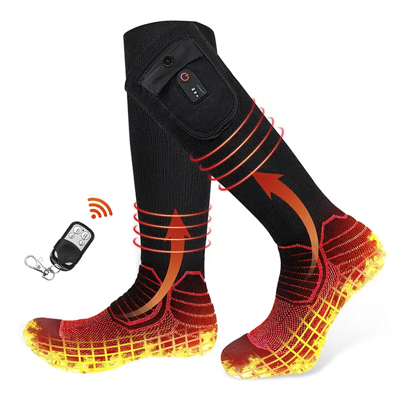 Heated socks with rechargeable battery and wireless remote control