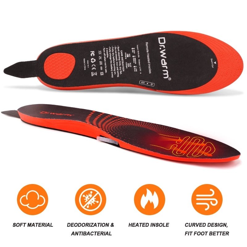 Technical diagram of Dr.Warm heated insoles showing removable heating module dimensions (1mm x 0.5mm, etc.), curved design, and features like safe material, deodorization, and antibacterial treatment.