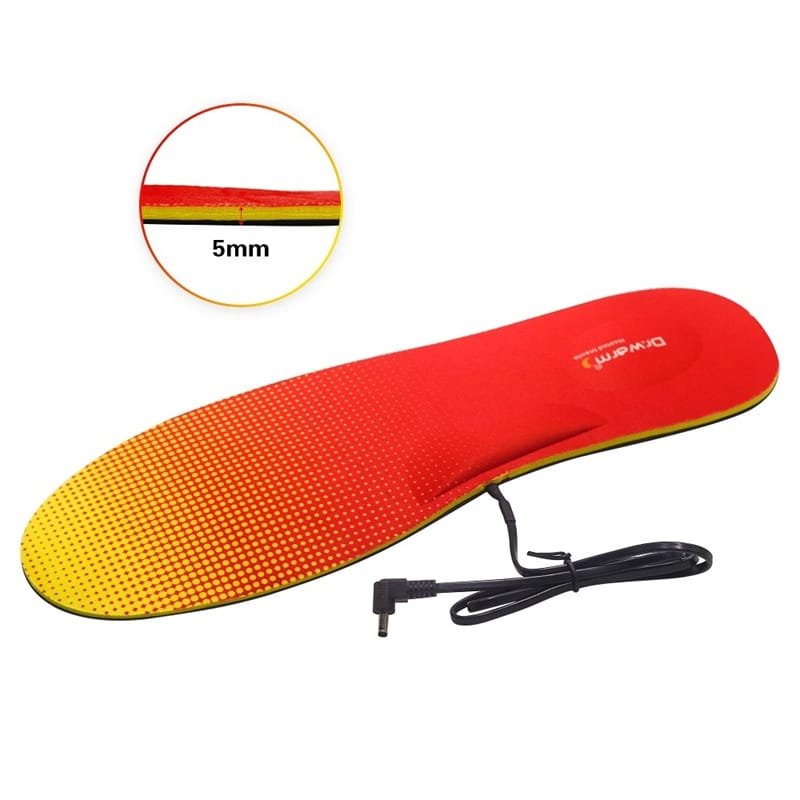 Close-up of the inline on/off switch and durable wire of the electric heated insoles for easy operation.
