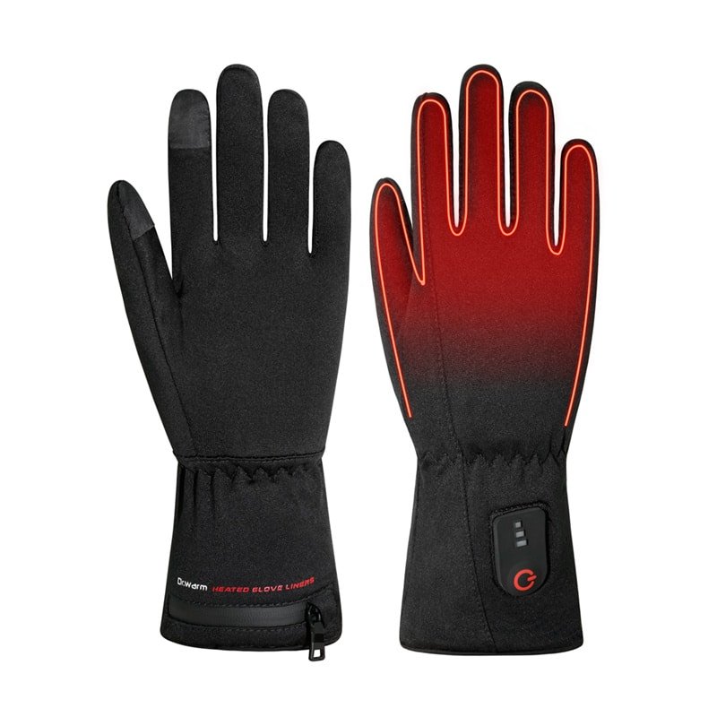A skier or snowboarder wearing Dr.Warm electric heated gloves on a snowy mountain slope, showcasing active use in winter sports.