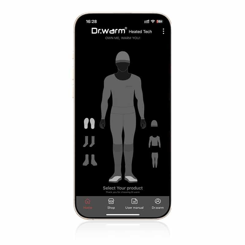 mobile app interface for selecting heated gloves heated socks heated apparel bluetooth smart heating system OEM app control product selection screen