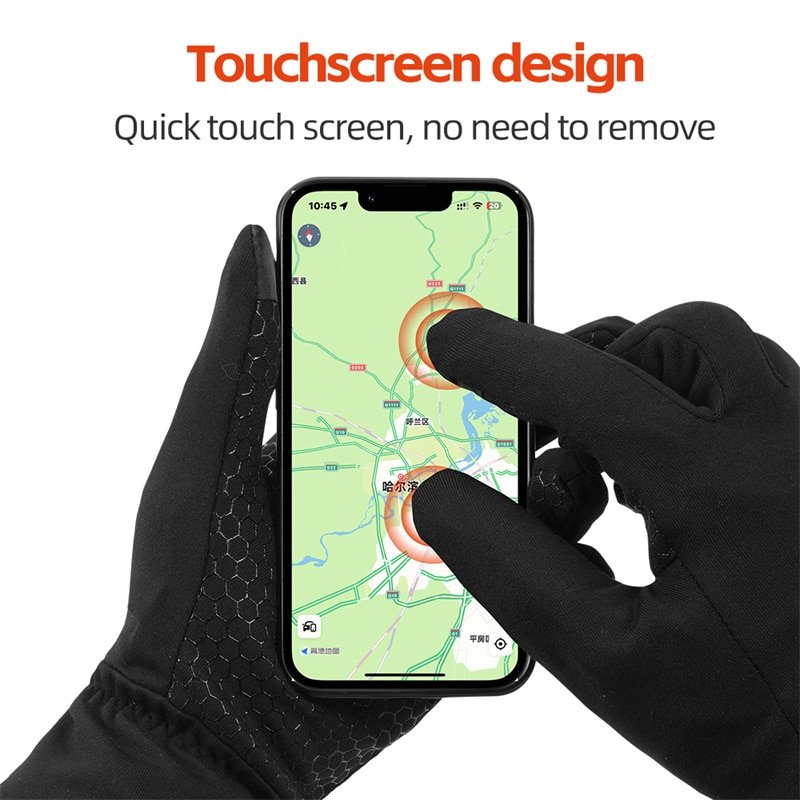 Exploded diagram of the glove‘s material layers: conductive cloth fingertips, windproof TPU shell, insulating neoprene, and flexible Nylon Lycra.