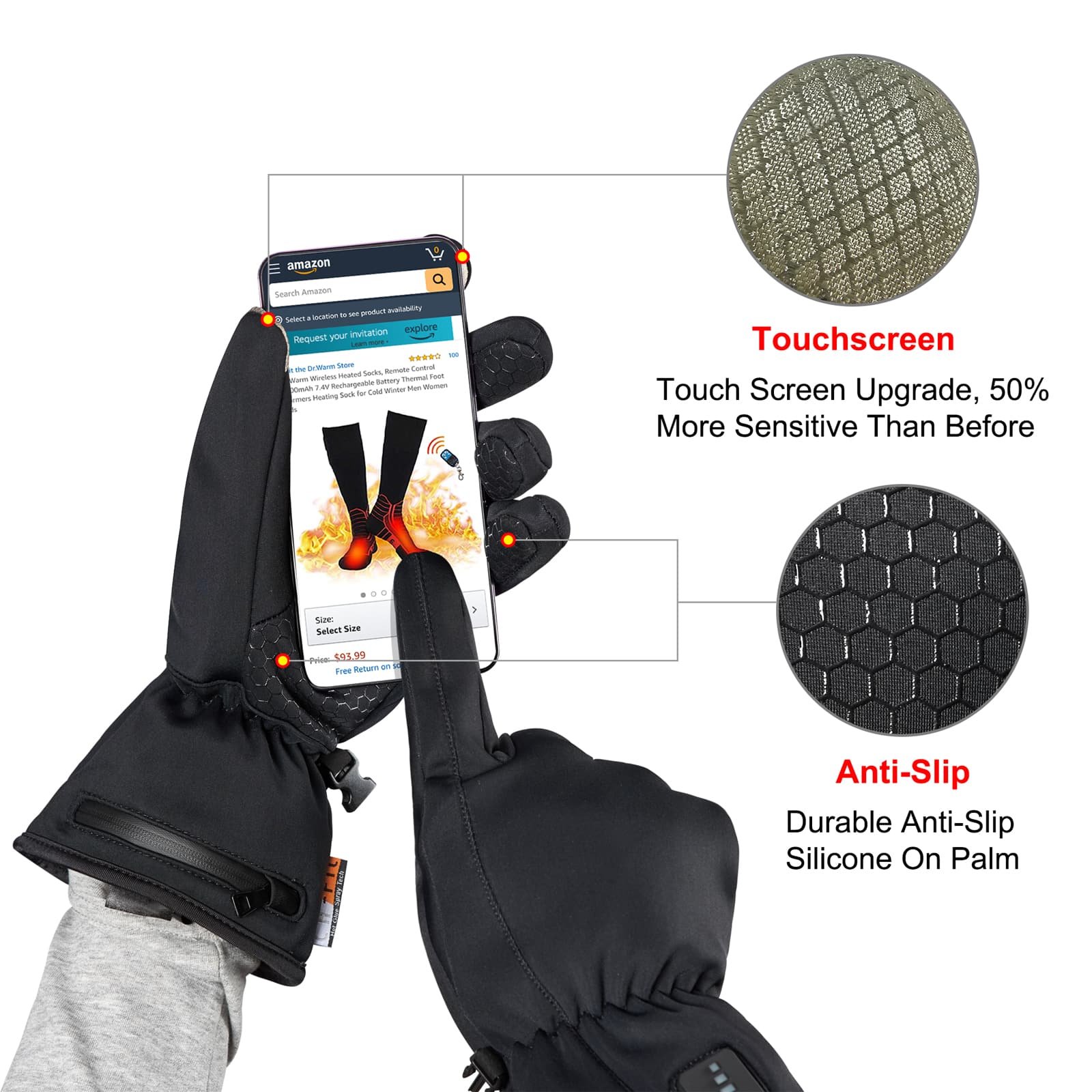 Composite image highlighting all key features of Dr.Warm G22+ heated inner gloves: slim fit, touchscreen fingertips, remote control, waterproof material, and rechargeable battery.