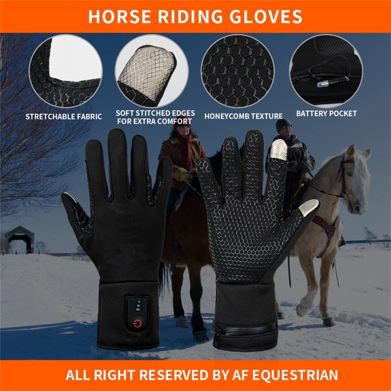A premium, professional product shot of the Dr.Warm heated riding gloves, embodying robustness, technology, and equestrian-specific design.