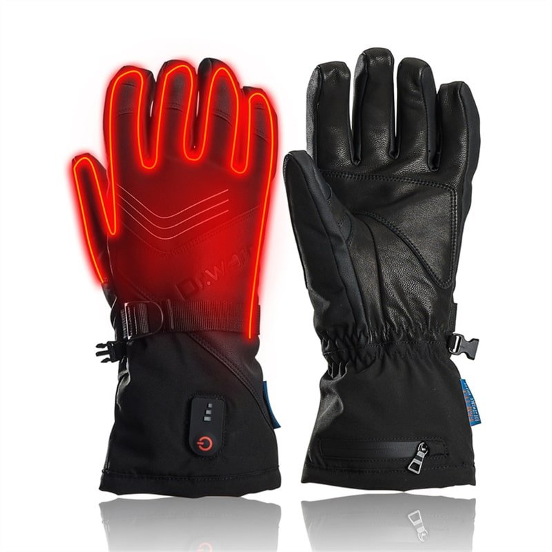 A comprehensive product shot of Dr.Warm heated gloves summarizing key features: leather construction, waterproof shell, 7.4V 2600mAh battery, and suitability for both men and women.
