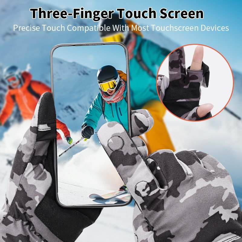 A clean, tactical-style product shot of the Dr.Warm fingerless heated hunting gloves, highlighting all key features in a rugged, outdoors context.