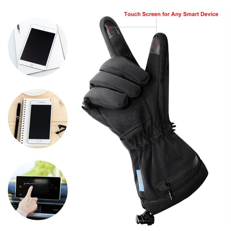 A flagship product image of Dr.Warm G25 heated gloves summarizing all key features: sleek design, waterproof shell, touchscreen fingertips, and rechargeable battery pack.